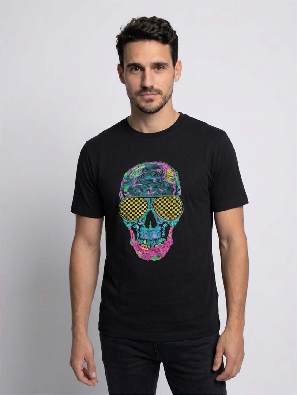 DKNY Men's Black Neon Graphic Skull T-Shirt